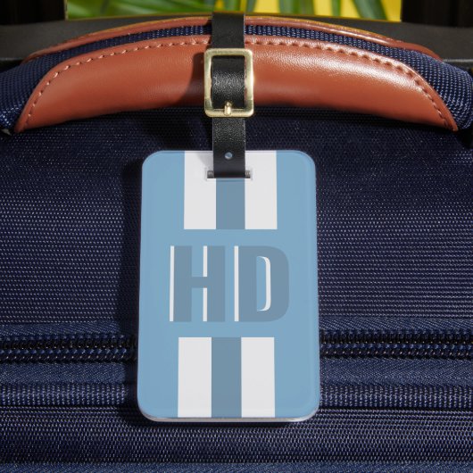 Soft Light Blue striped Shadow monogrammed modern ラゲッジタグ (正面インサイチュ2)