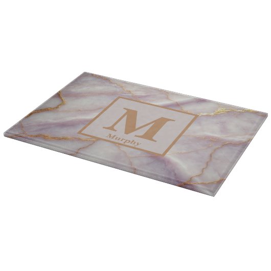 Soft Lilac Marble with Gold Veins Monogram カッティングボード (角)
