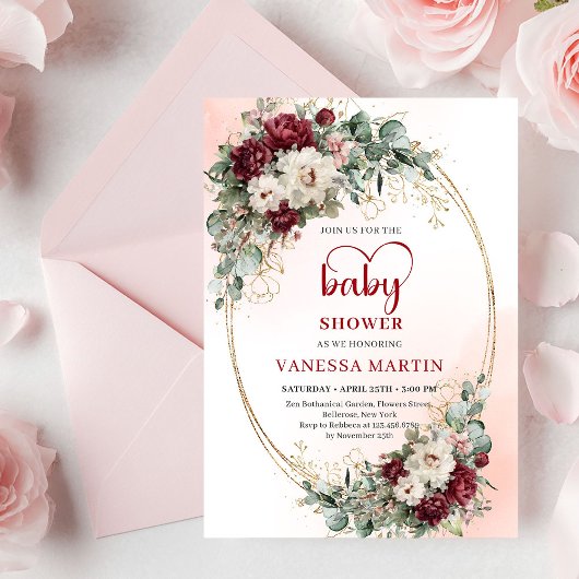 Soft Marsala Floral Baby Shower Invitation 招待状