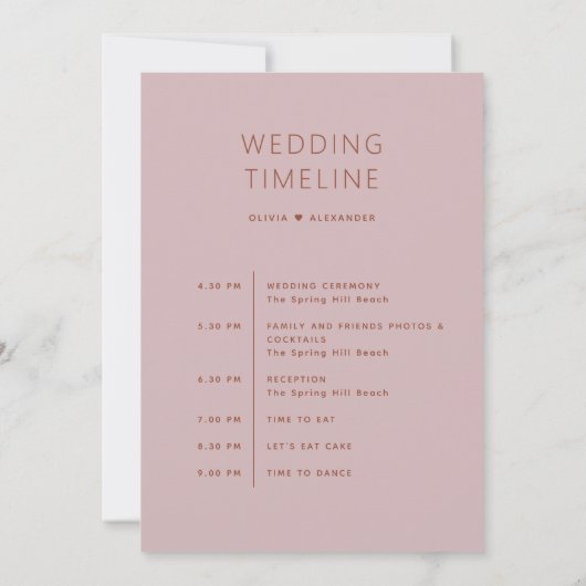Soft Mauve Pink Timeline. Spring Wedding Itinerary 招待状 (裏面)