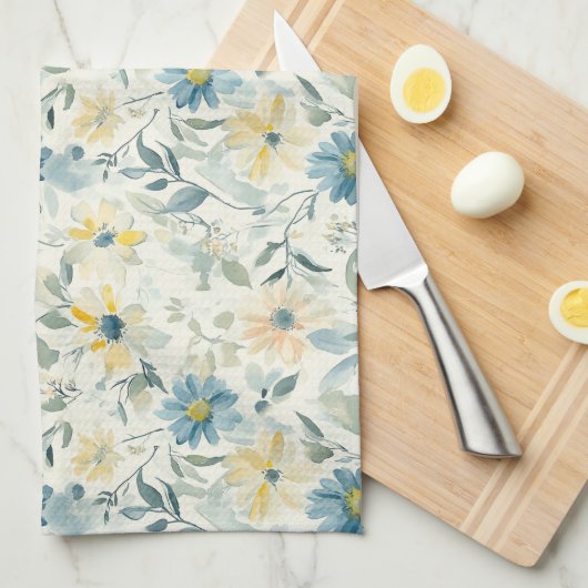 Soft Meadow Daisy Watercolor キッチンタオル (四つ折り)