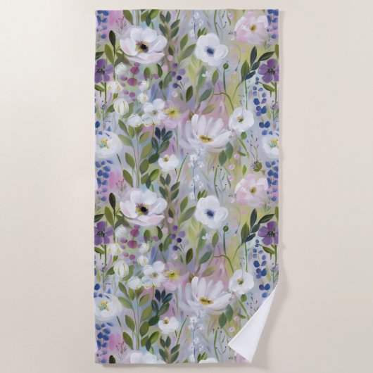 Soft Meadow Floral Watercolor ビーチタオル (正面)