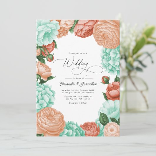 Soft Mint, Apricot & Warm Coral Floral Wedding 招待状 (スタンド正面)