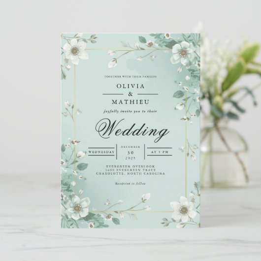 Soft Mint Floral Border Wedding 招待状 (スタンド正面)