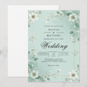 Soft Mint Floral Border Wedding 招待状 (正面/裏面)