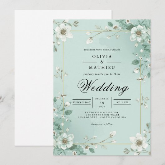 Soft Mint Floral Border Wedding 招待状 (正面/裏面)