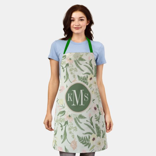 Soft Mint Green Garden Flower Pattern エプロン (着用した状態)