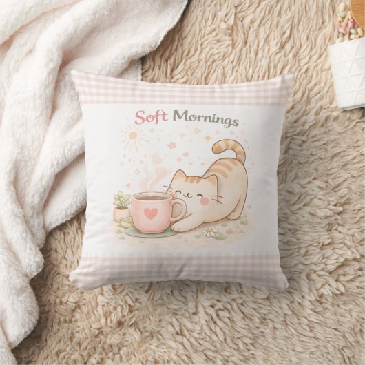Soft Morning Cute Kitty Cat Pink Gingham Home  クッション (ブランケット)