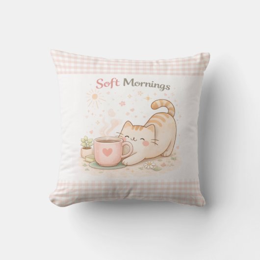 Soft Morning Cute Kitty Cat Pink Gingham Home  クッション (正面)