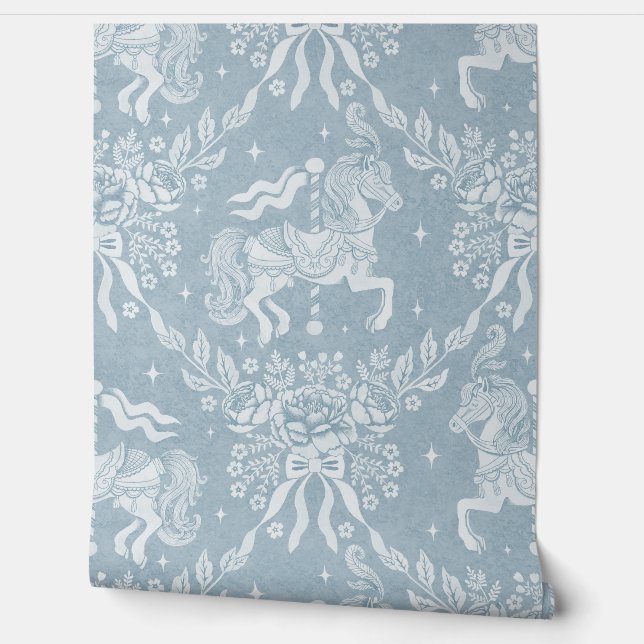 Soft Muted Blue Rococo Carousel Horses & Florals 壁紙 (ほどく)