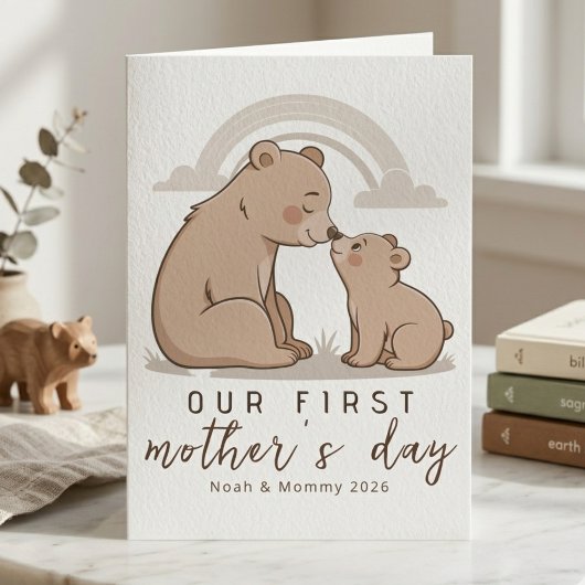 Soft Neutral Bear Mom Baby First Mothers Day Love カード