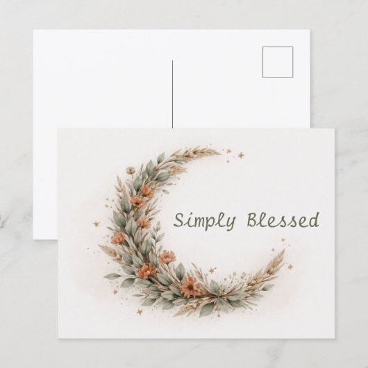 Soft Neutral Boho Floral Crescent Moon ポストカード (正面/裏面)
