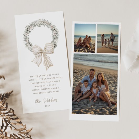 Soft Neutral Bow Wreath Photo Holiday Card シーズンカード