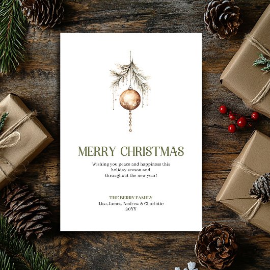 Soft Neutral Christmas Ornament Gold Script シーズンカード