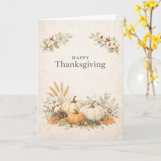 Soft Neutral Rustic Happy Thanksgiving Pumpkin カード (黄色い花)