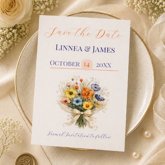 Soft Neutral Wildflowers Wedding Ivory Dusty Blue セーブザデート