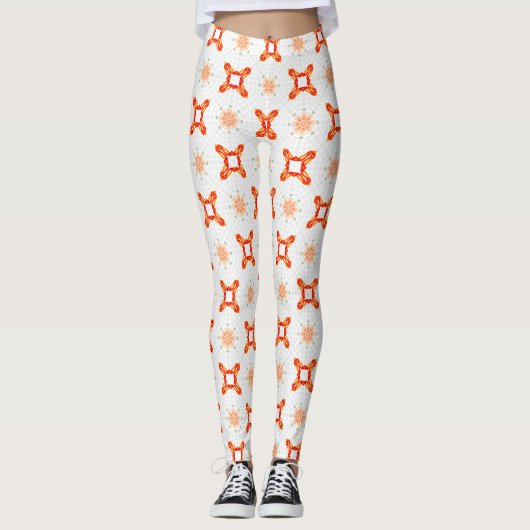 Soft Orange-Red Floral & Frame Pattern Leggings レギンス (正面)