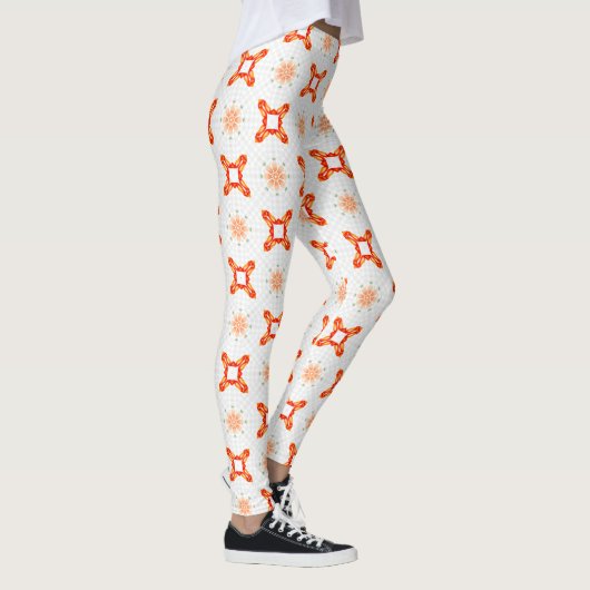 Soft Orange-Red Floral & Frame Pattern Leggings レギンス (右)