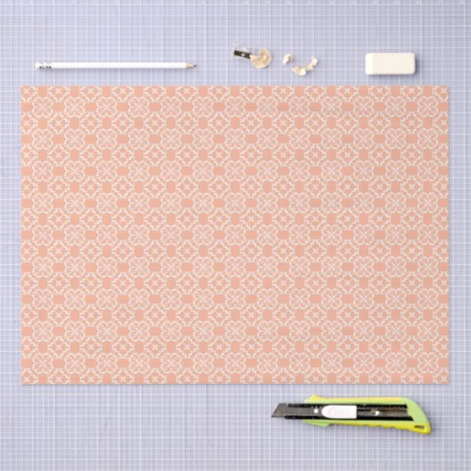 Soft Orange & White Floral Lattice Pattern 薄葉紙 (クラフト)