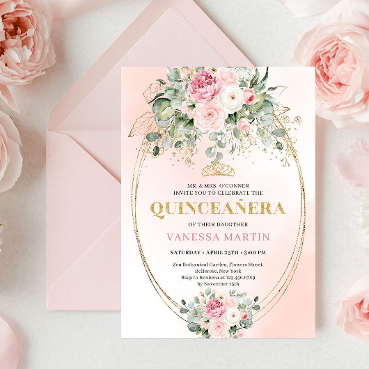 Soft Pale Pink Floral Bohemian Quinceañera Invite 招待状