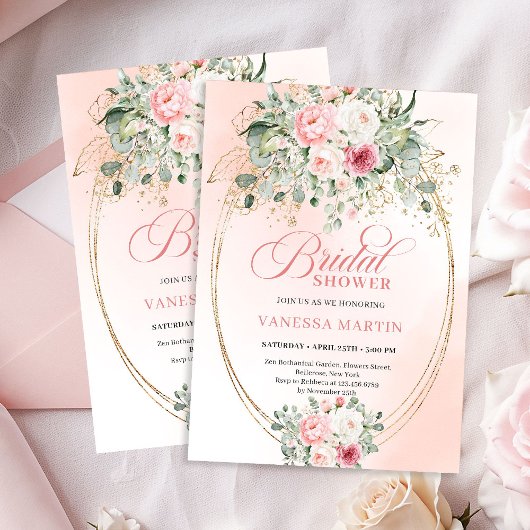 Soft Pale Pink Floral Bridal Shower Invitation 招待状