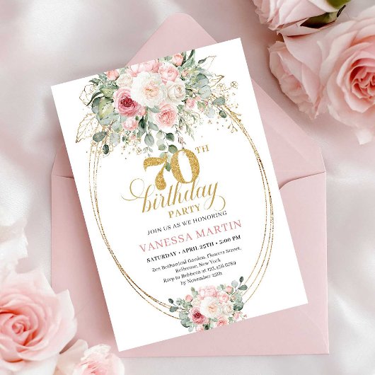 Soft Pale Pink Flowers 70th Birthday Invitation 招待状