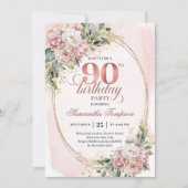 Soft Pale Pink Gold Greenery 90th Birthday Invites 招待状 (正面)