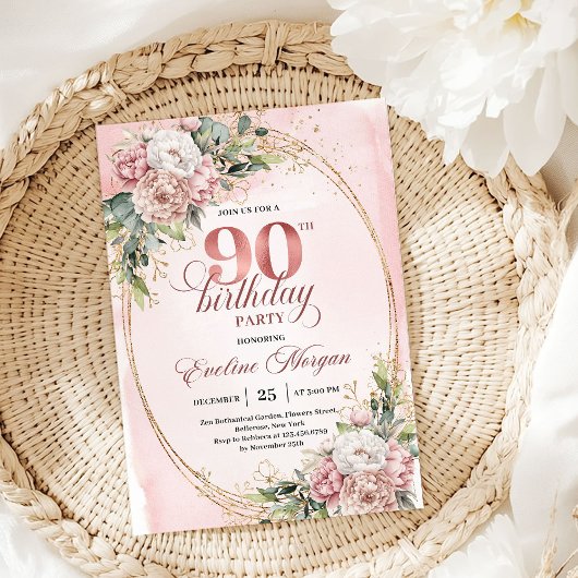 Soft Pale Pink Gold Greenery 90th Birthday Invites 招待状