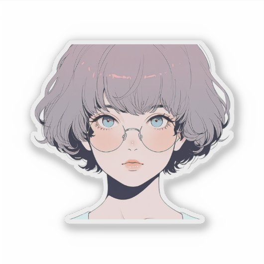 Soft Pastel Anime Girl with Glasses シール (正面)
