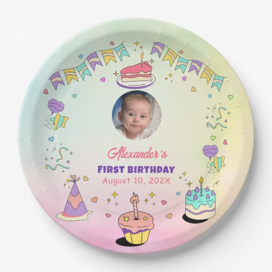 Soft Pastel Baby Boy 1st Birthday Photo Plates ペーパープレート (正面)