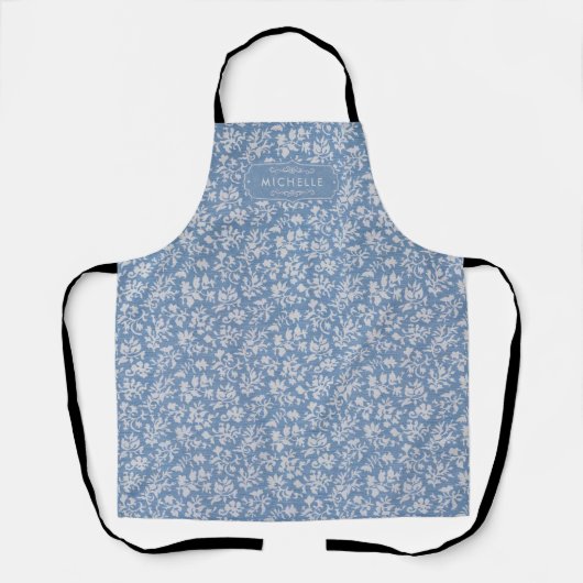 Soft Pastel Blue & Gray White Floral Boho Pattern エプロン (正面)