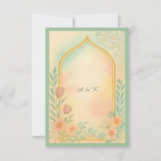 Soft Pastel Gold Floral Arch Wedding 出欠カード (裏面)