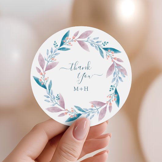 Soft Pastel Greenery Wreath Wedding Thank You ラウンドシール