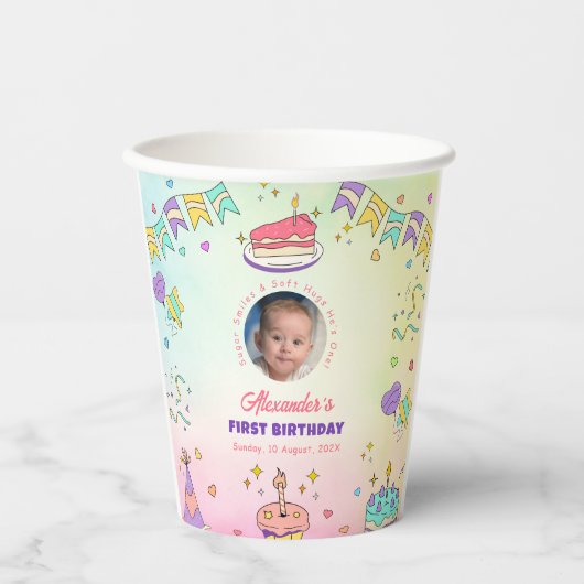 Soft Pastel Joy – Baby Boy 1st Birthday Photo Cups 紙コップ (正面)