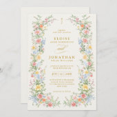Soft Pastel Ornate Spring All in One Gold Wedding 招待状 (正面/裏面)