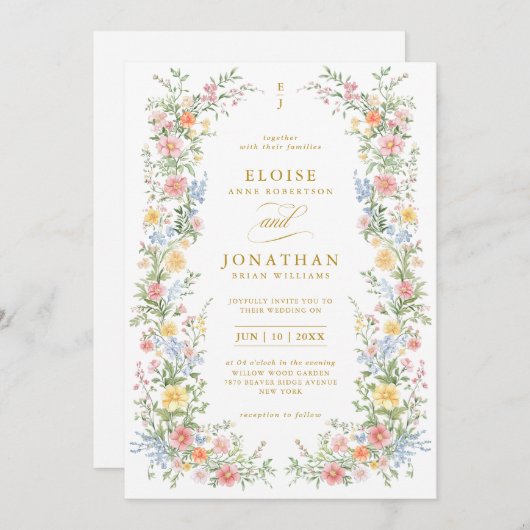 Soft Pastel Ornate Spring All in One Gold Wedding 招待状 (正面/裏面)