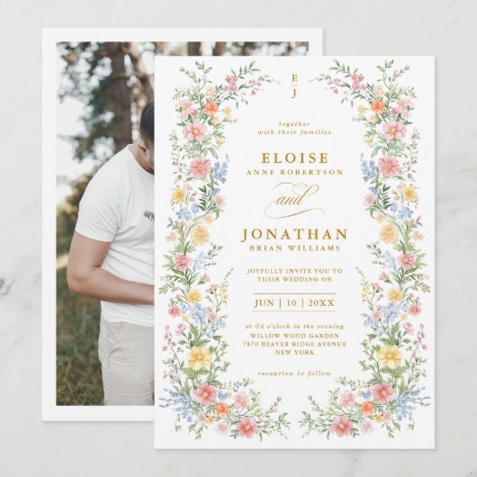 Soft Pastel Ornate Spring Floral Photo Wedding 招待状 (正面/裏面)