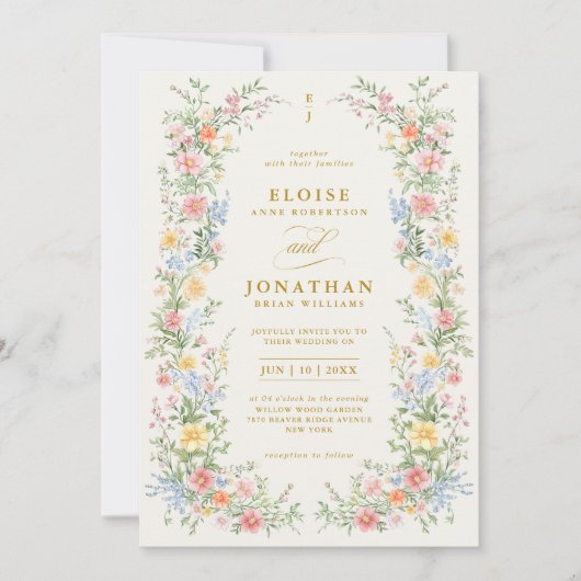 Soft Pastel Ornate Spring Floral QR Code Wedding 招待状 (正面)
