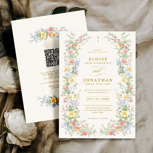 Soft Pastel Ornate Spring Floral QR Code Wedding 招待状