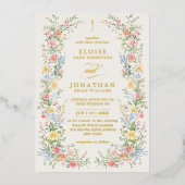 Soft Pastel Ornate Spring Floral QR Code Wedding  箔招待状 (正面)
