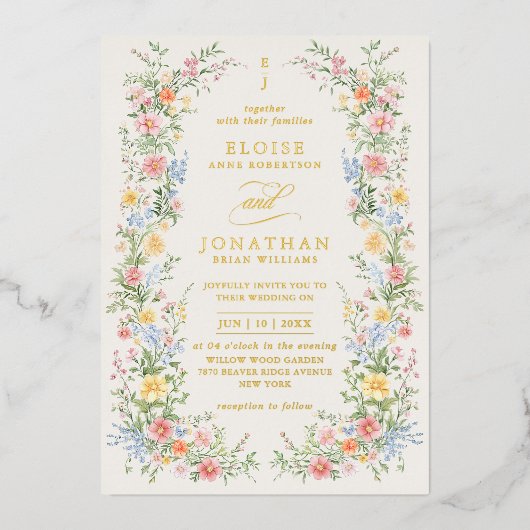 Soft Pastel Ornate Spring Floral QR Code Wedding  箔招待状 (正面)