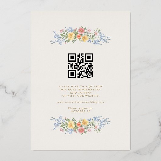 Soft Pastel Ornate Spring Floral QR Code Wedding  箔招待状 (裏面)