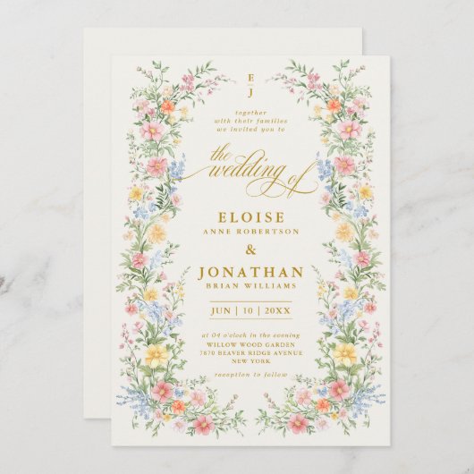 Soft Pastel Ornate Spring Garden Floral Wedding    招待状 (正面/裏面)