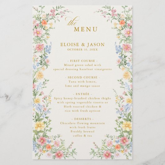Soft Pastel Ornate Spring Garden Gold Wedding Menu (正面)