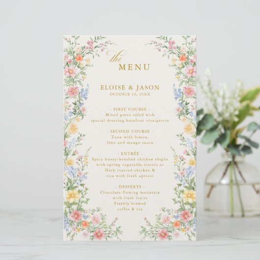 Soft Pastel Ornate Spring Garden Gold Wedding Menu (スタンド正面)