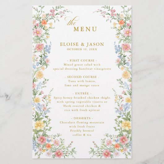 Soft Pastel Ornate Spring Garden Gold Wedding Menu (正面)