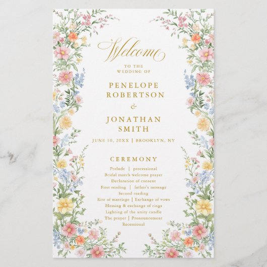 Soft Pastel Ornate Spring Gold  Wedding Program  (正面)