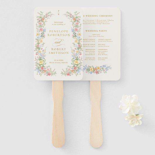 Soft Pastel Ornate Spring Gold Wedding Program ハンドファン (正面&裏面)
