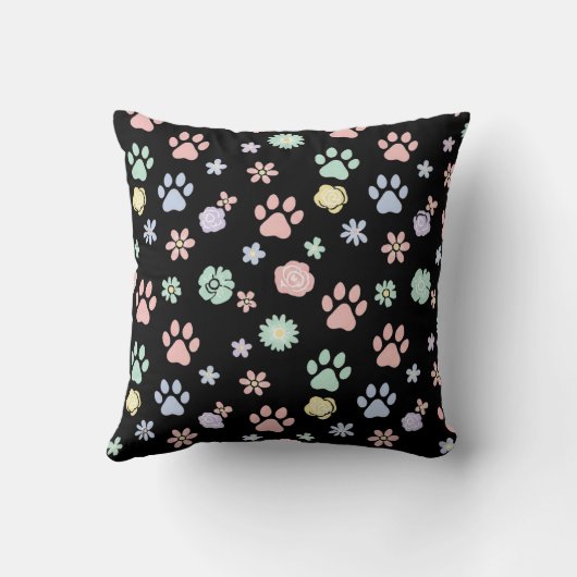 Soft Pastel Paw Prints and Flowers Pattern  クッション (裏面)