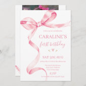 Soft Pastel Pink Bow 1st Birthday  招待状 (正面/裏面)